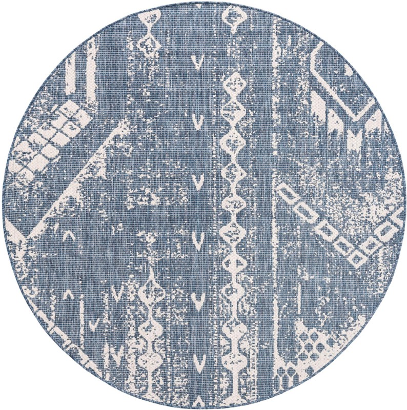 6' x 6' Wildman · Tribal geometric Outdoor Rug, blue and ivory