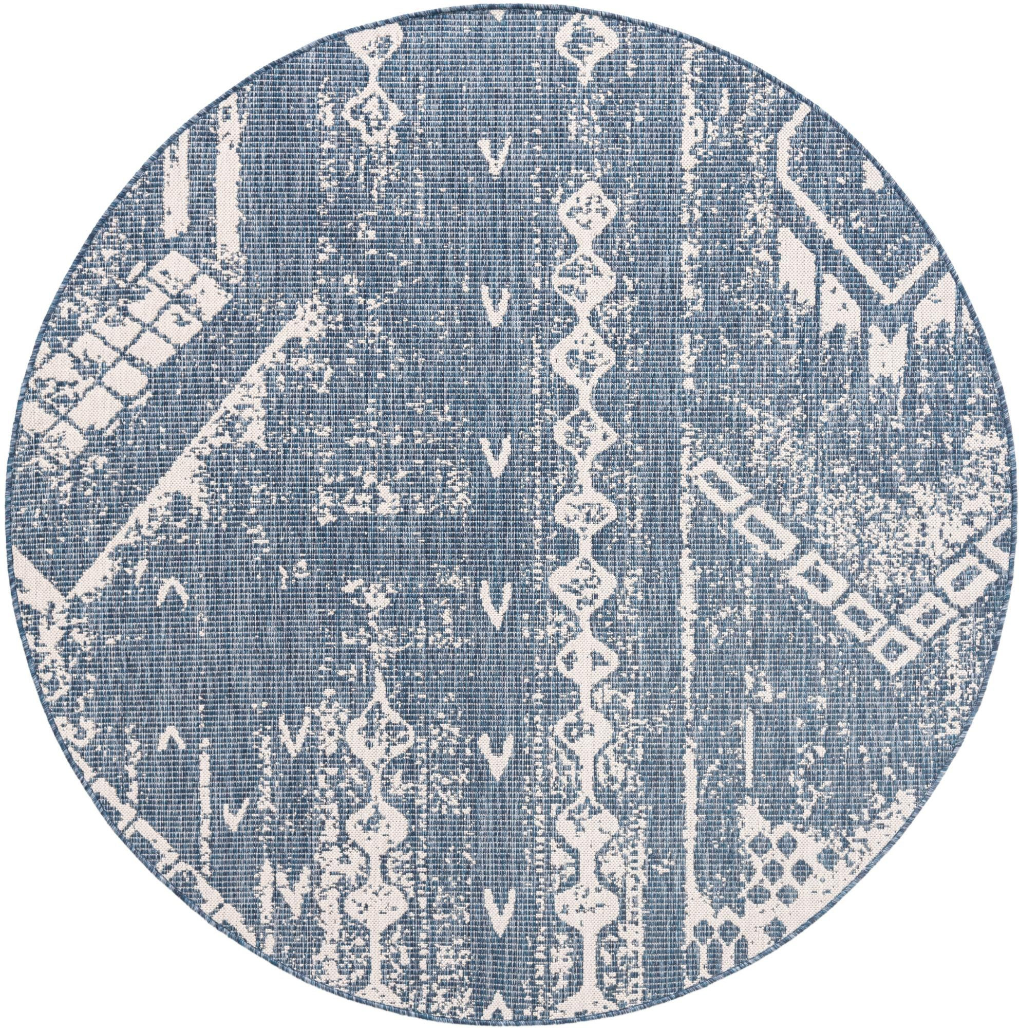 6' x 6' Wildman · Tribal geometric Outdoor Rug, blue and ivory