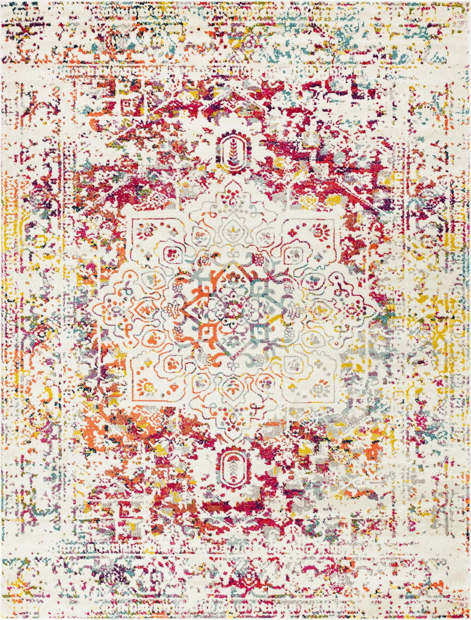 10' x 13' Birch · Distressed medallion rug, ivory and multi