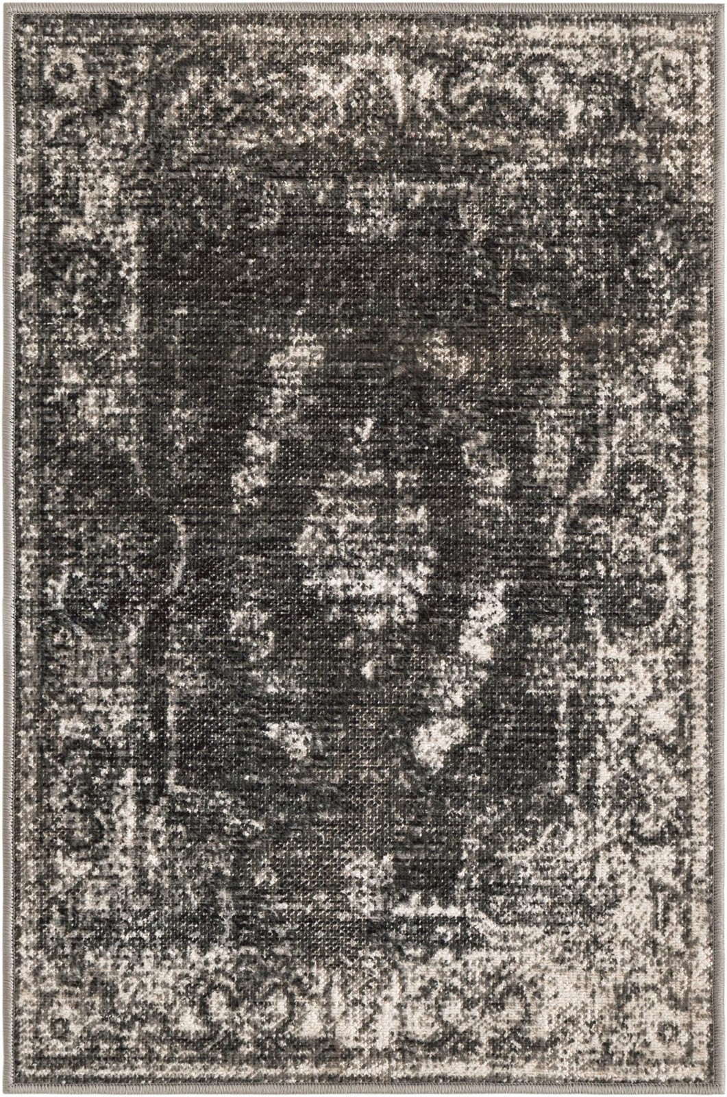 2' x 3' 1 Stoner · Distressed medallion rug, charcoal and ivory