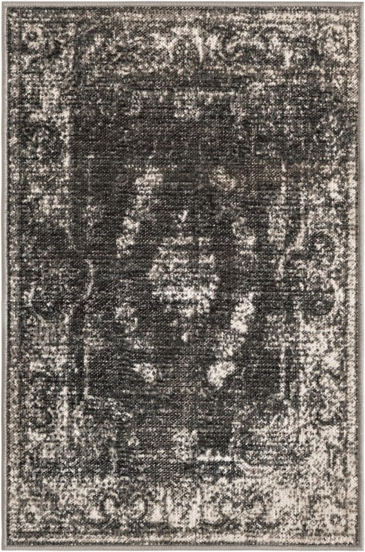 2' x 3' 1 Stoner · Distressed medallion rug, charcoal and ivory