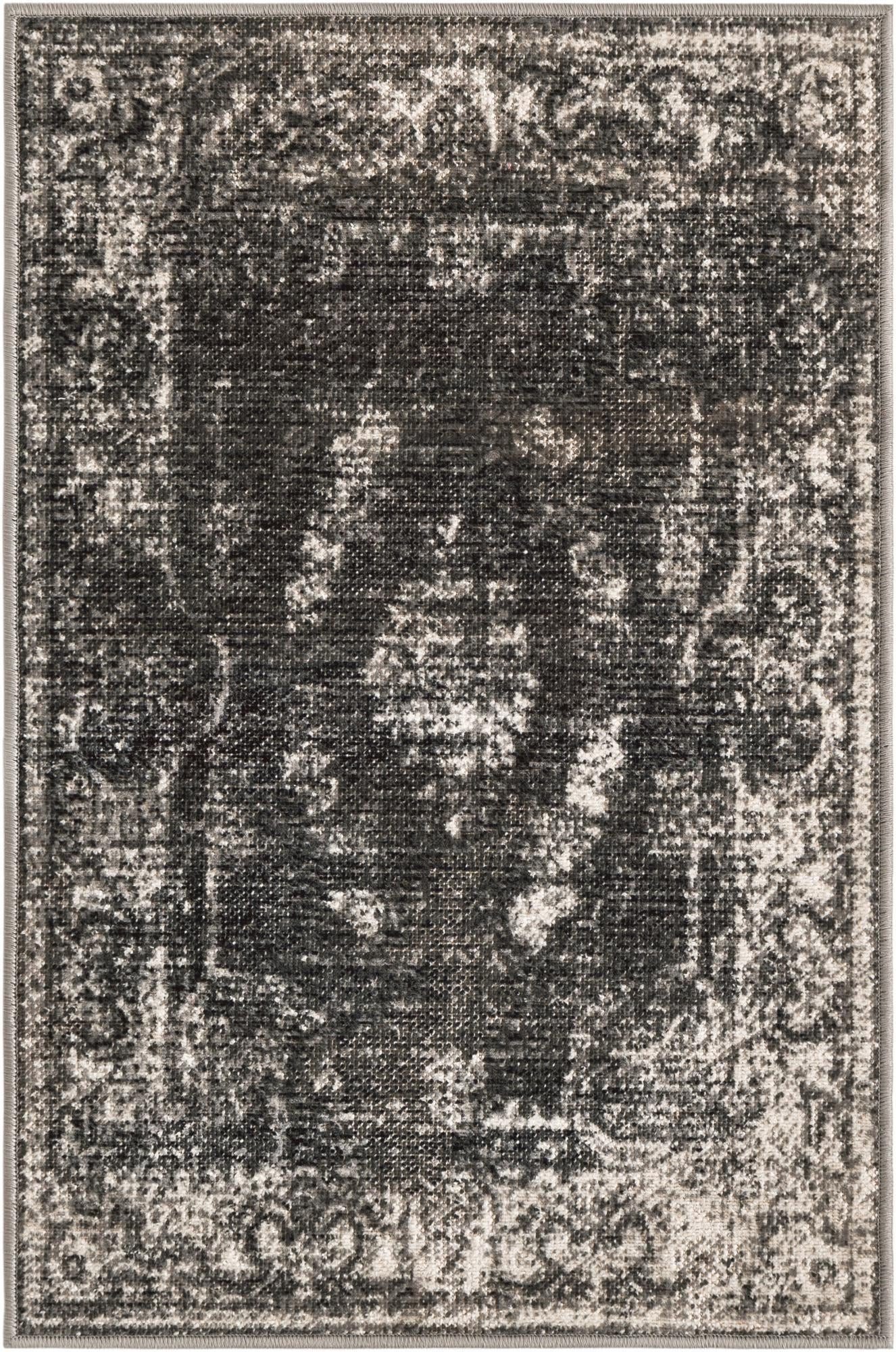 2' x 3' 1 Stoner · Distressed medallion rug, charcoal and ivory