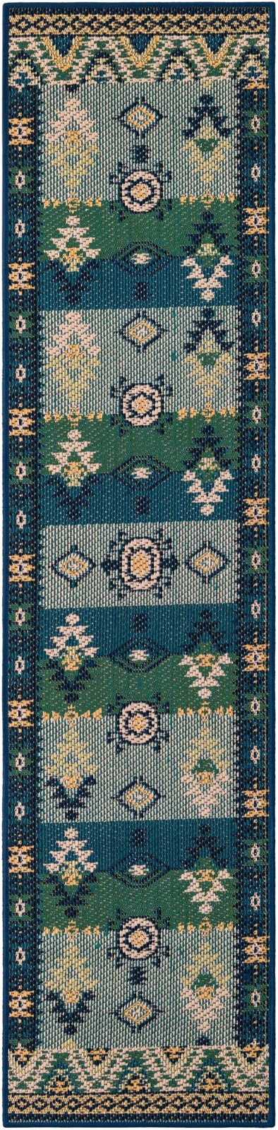 2' x 8' Wilcox · Border Outdoor Rug, blue and green