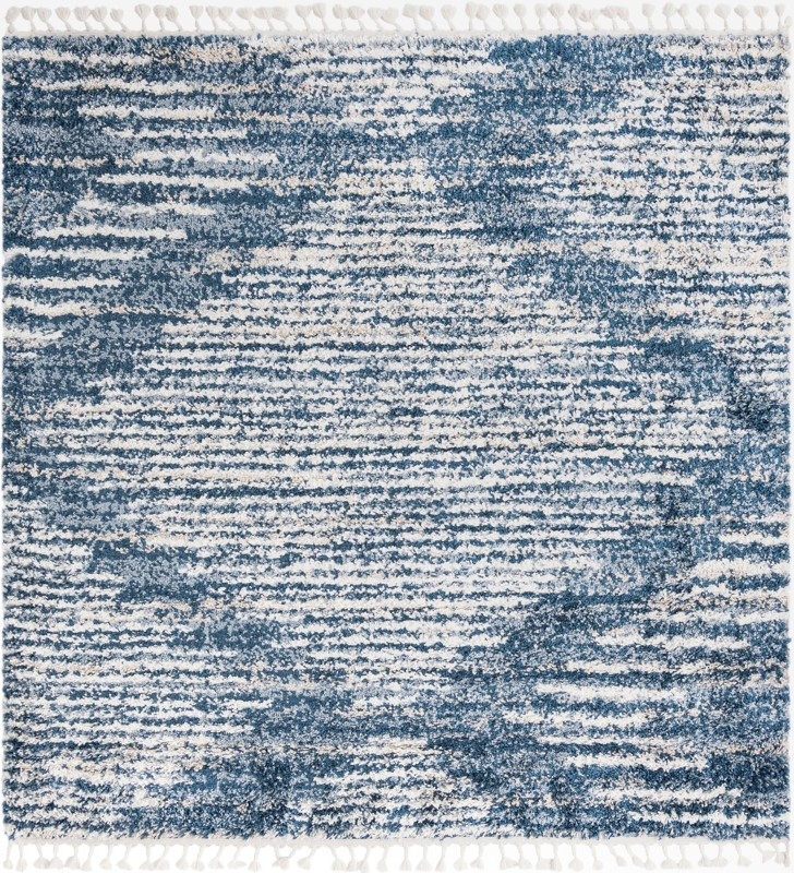 7' 10 x 7' 10 Cobble · Abstract striped Shag Rug, blue and ivory