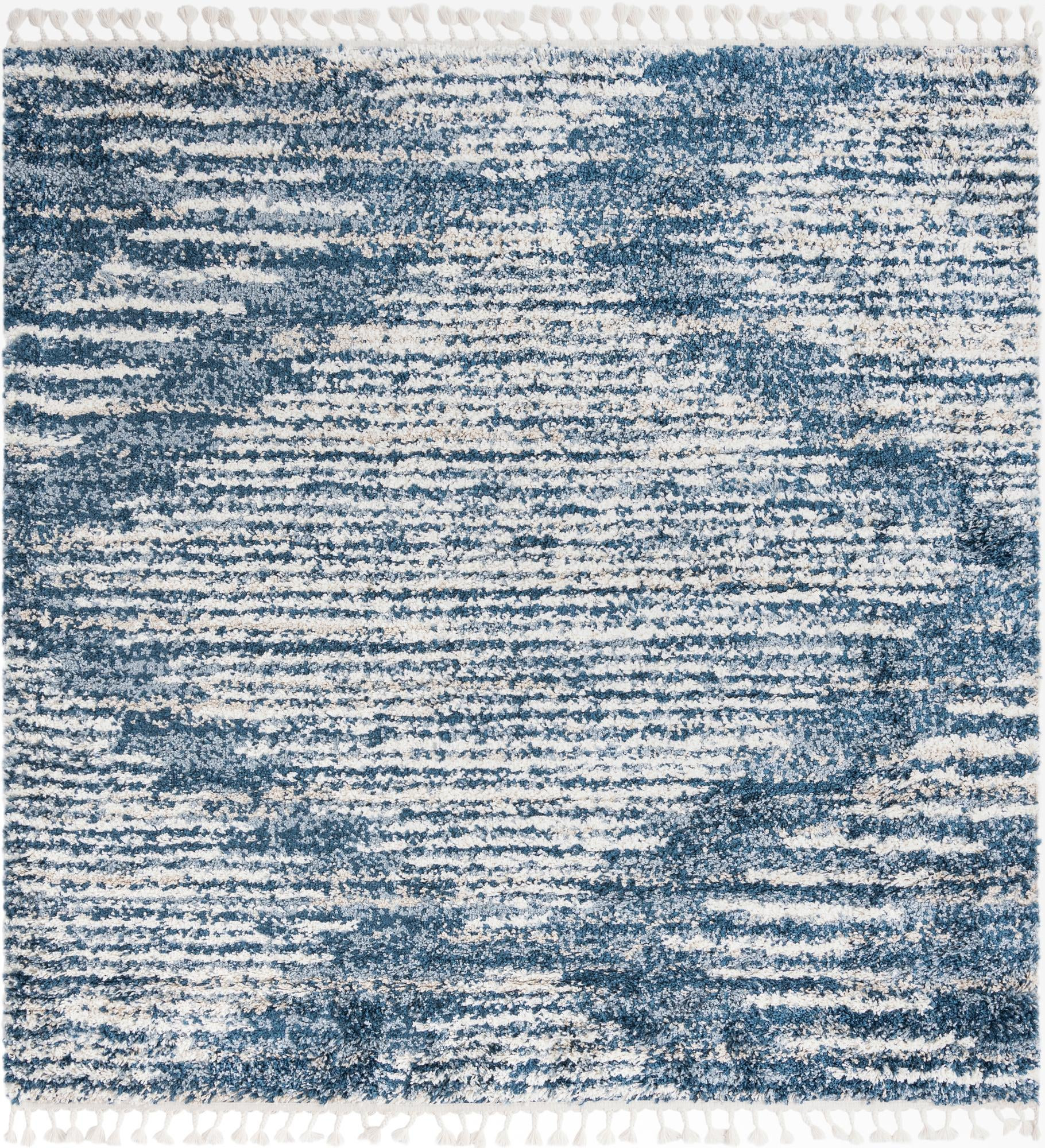 7' 10 x 7' 10 Cobble · Abstract striped Shag Rug, blue and ivory