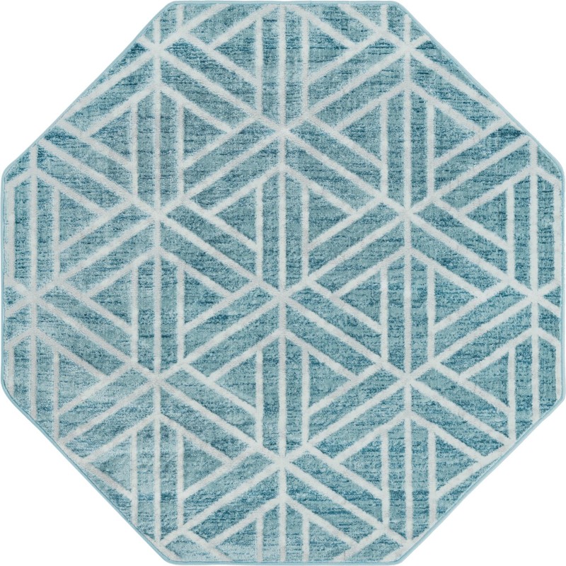 5' 3 x 5' 3 Norwood · Geometric trellis rug, blue and ivory