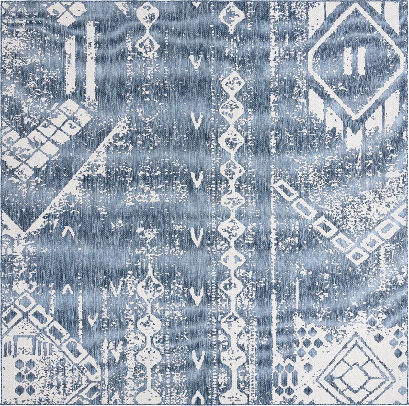 13' x 13' Wildman · Tribal geometric Outdoor Rug, blue and ivory