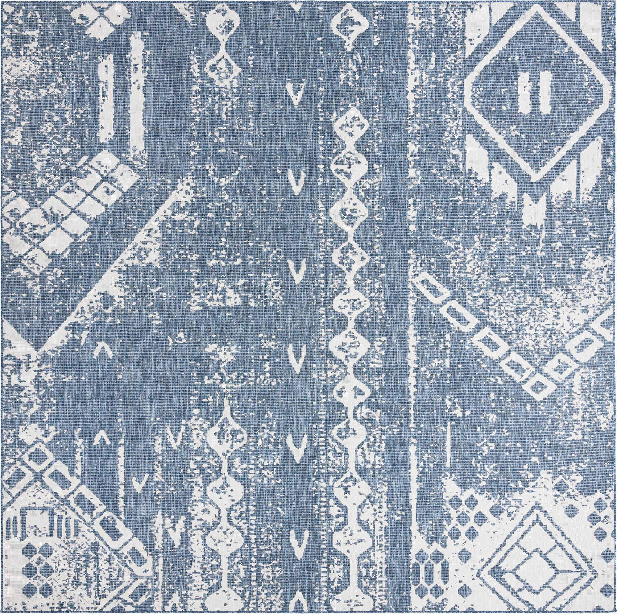 13' x 13' Wildman · Tribal geometric Outdoor Rug, blue and ivory