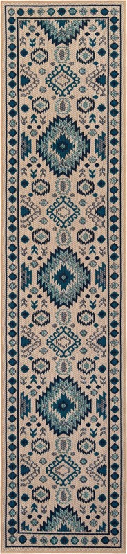 2' 7 x 12' Whitfield · Geometric tribal Outdoor Rug, beige and blue