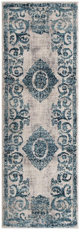 2' x 6' Crockett · Distressed medallion rug, ivory and blue
