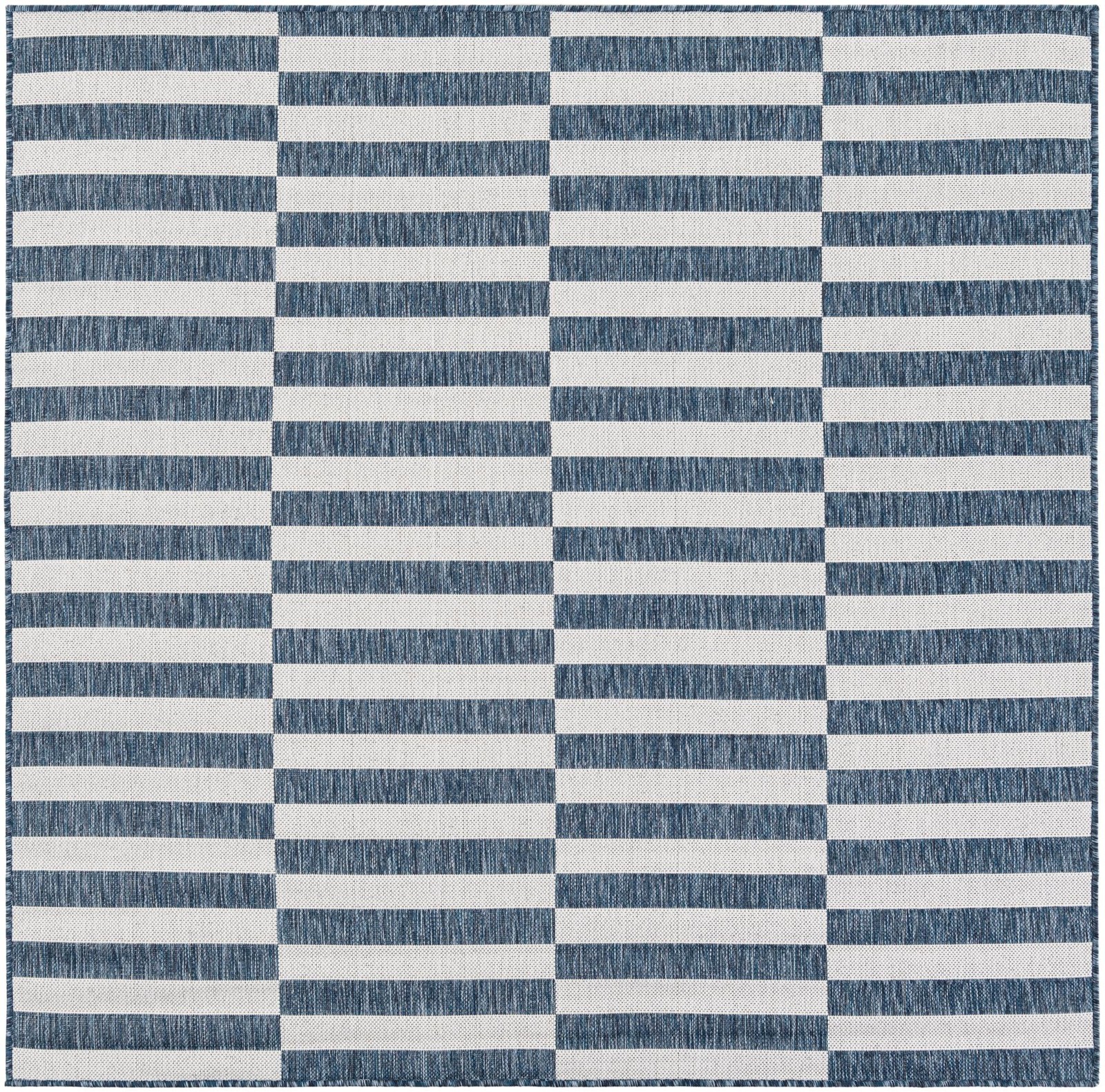 6' x 6' Ainsley · Striped geometric Outdoor Rug, blue and ivory