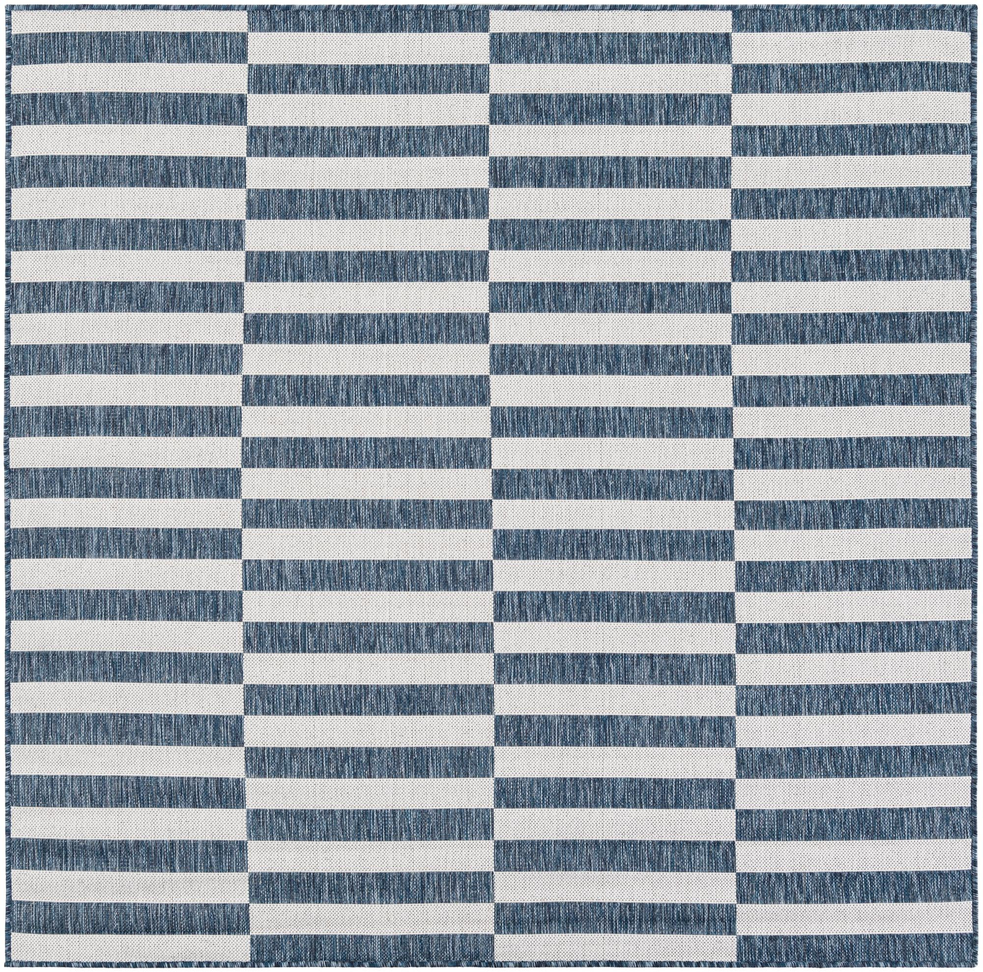 6' x 6' Ainsley · Striped geometric Outdoor Rug, blue and ivory