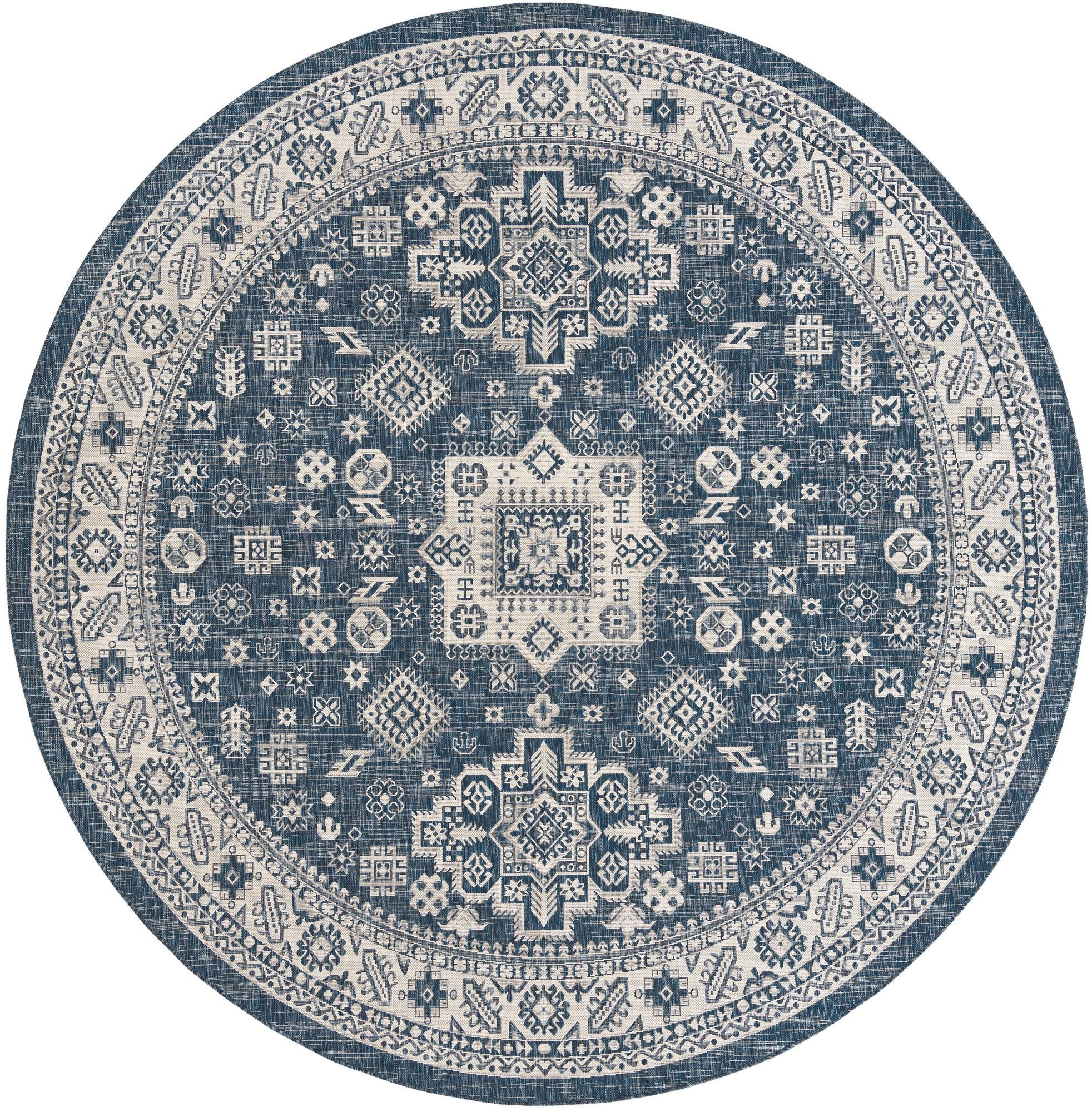 10' x 10' Bellamy · Geometric medallion Outdoor Rug, blue and ivory