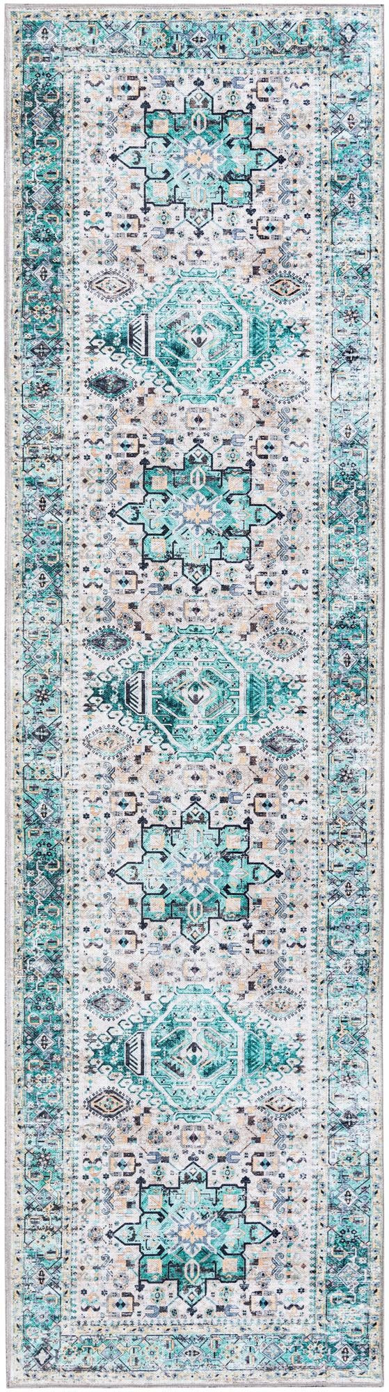 2' 7 x 10' Tatlock · Medallion Washable Rug, aqua and ivory