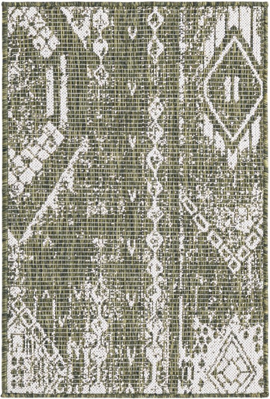 2' x 3' Wildman · Geometric Outdoor Rug, green and ivory