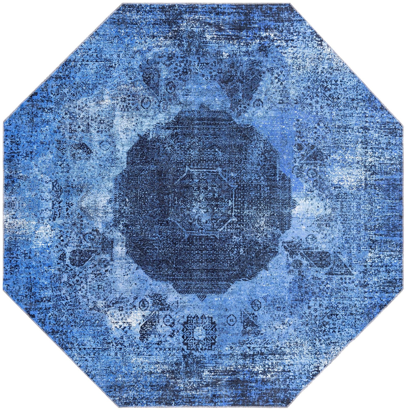 7' 10 x 7' 10 Fallowfield · Distressed medallion Washable Rug, blue and black