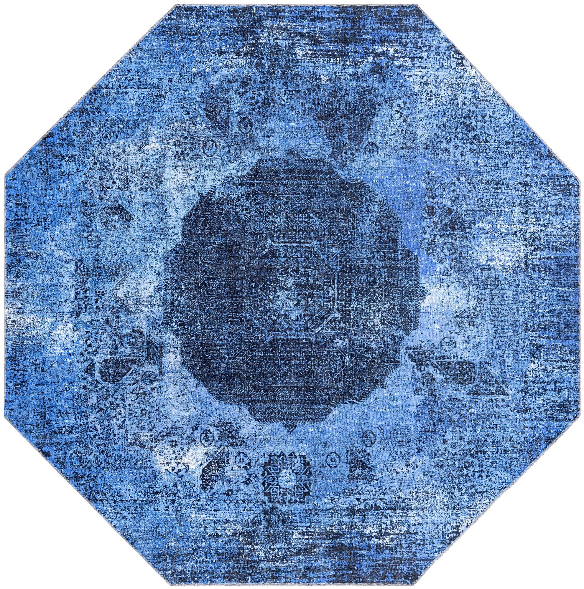 7' 10 x 7' 10 Fallowfield · Distressed medallion Washable Rug, blue and black