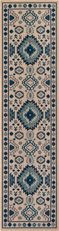 2' 7 x 10' Whitfield · Geometric tribal Outdoor Rug, beige and blue