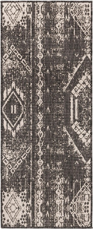 2' x 5' 3 Wildman · Tribal geometric Outdoor Rug, charcoal and ivory
