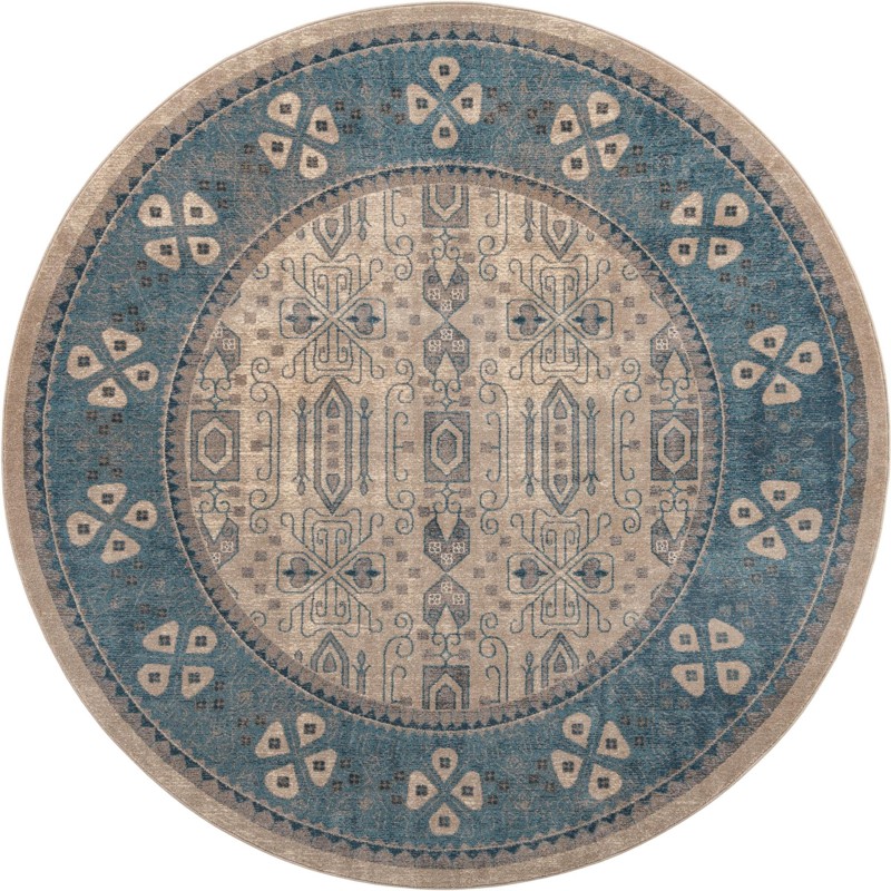 8' x 8' Esmond · Bordered medallion rug, beige and blue