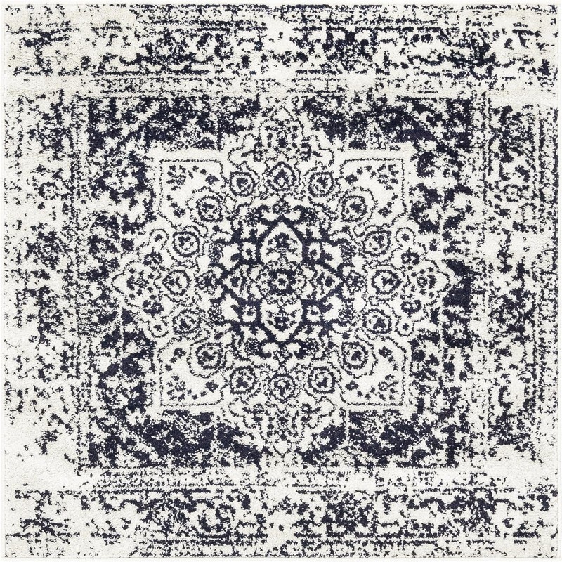 4' x 4' Birch · Distressed medallion rug, blue and ivory
