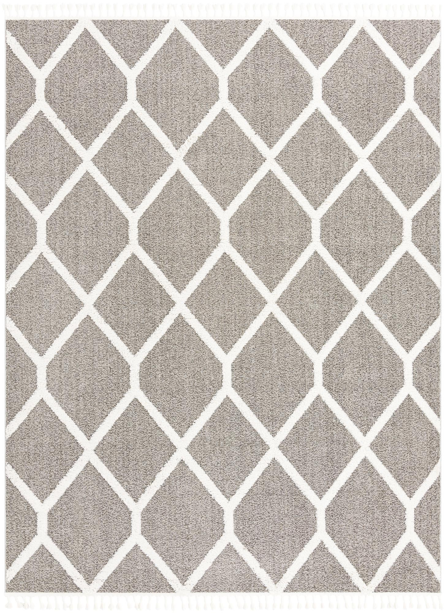 9' x 12' Kirkwood · Geometric trellis rug, gray and ivory