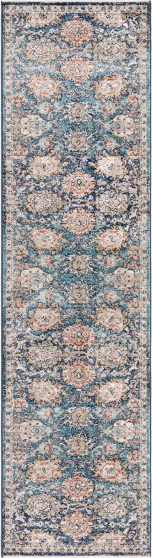 2' 7 x 10' 2 Ansel · Distressed floral rug, blue and tan