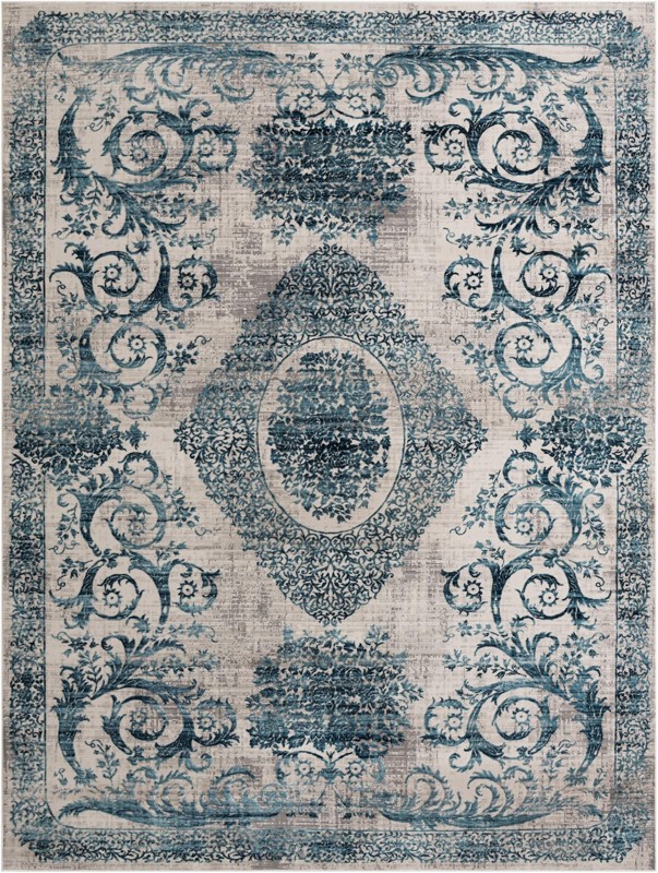 10' x 13' Crockett · Distressed medallion rug, ivory and blue