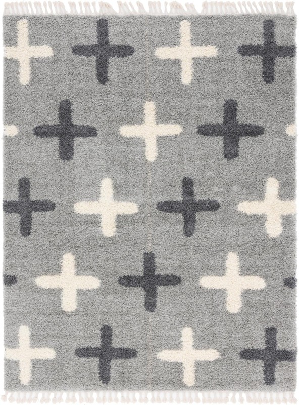 8' x 10' Porteous · Cross pattern Shag Rug, gray and ivory
