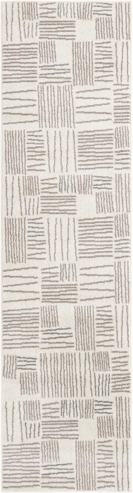 2' 7 x 10' Snowberry · Linear geometric rug, ivory and gray