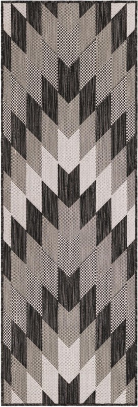 2' x 6' Morrell · Geometric chevron Outdoor Rug, charcoal and ivory