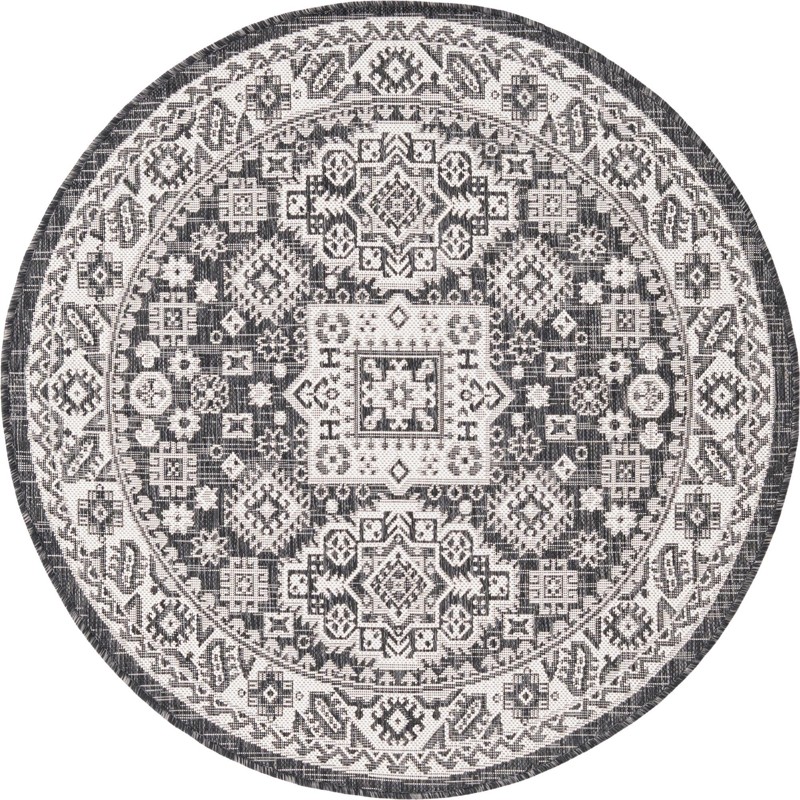 4' x 4' Bellamy · Tribal medallion Outdoor Rug, charcoal and ivory