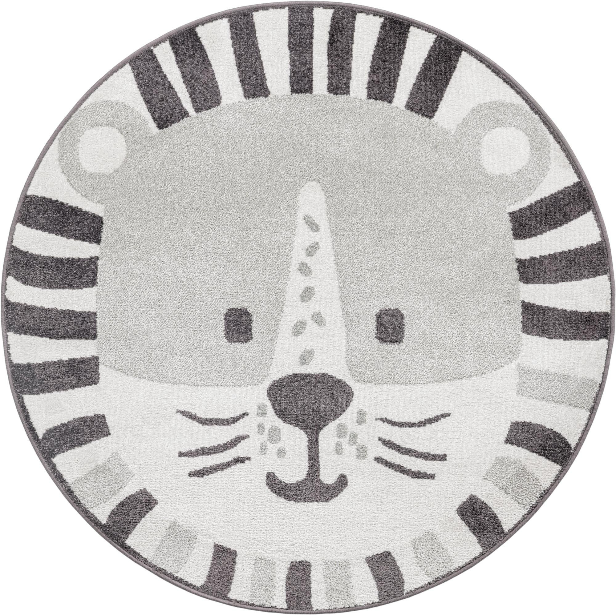 5' 3 x 5' 3 Lindell · Tiger face rug, gray and ivory