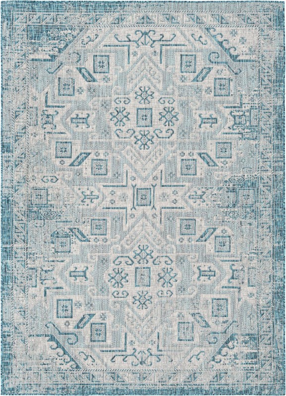 7' x 10' Estuary · Border Outdoor Rug, teal