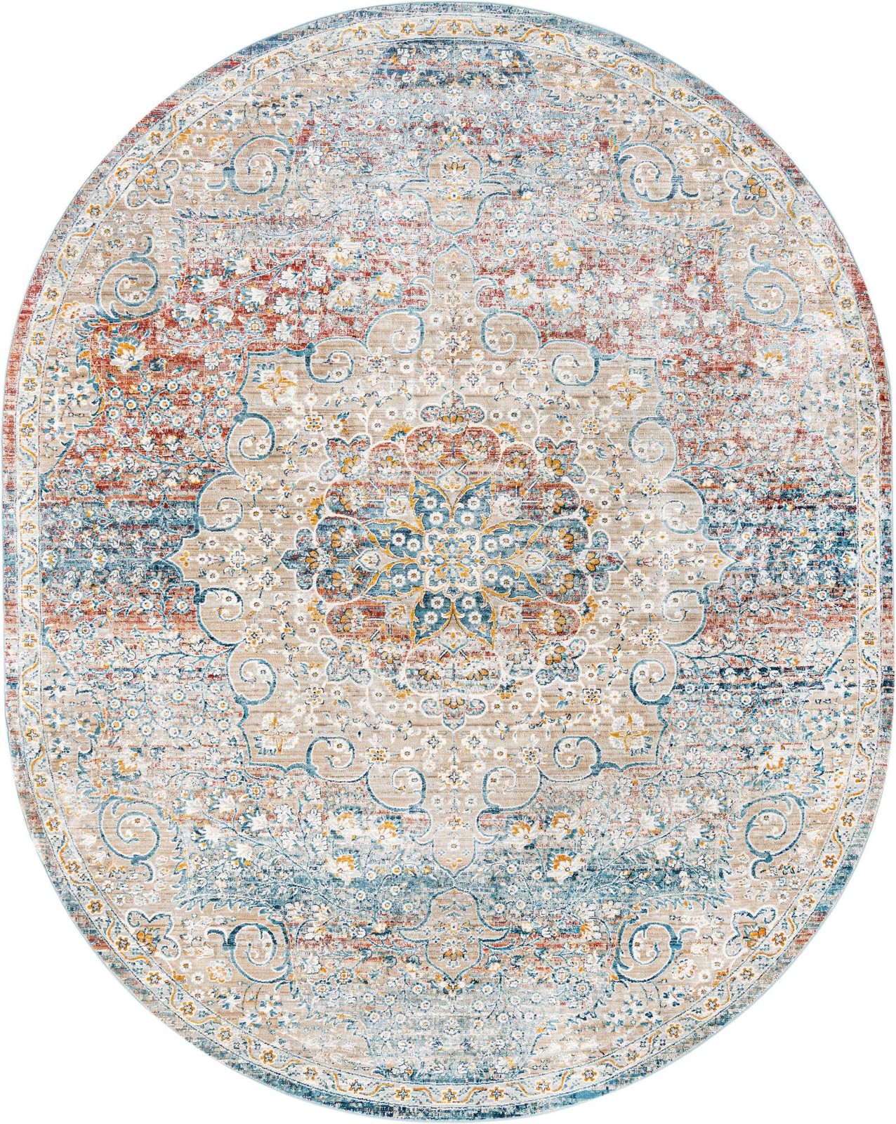 7' 10 x 10' 2 Stanford · Distressed medallion rug, blue and rust