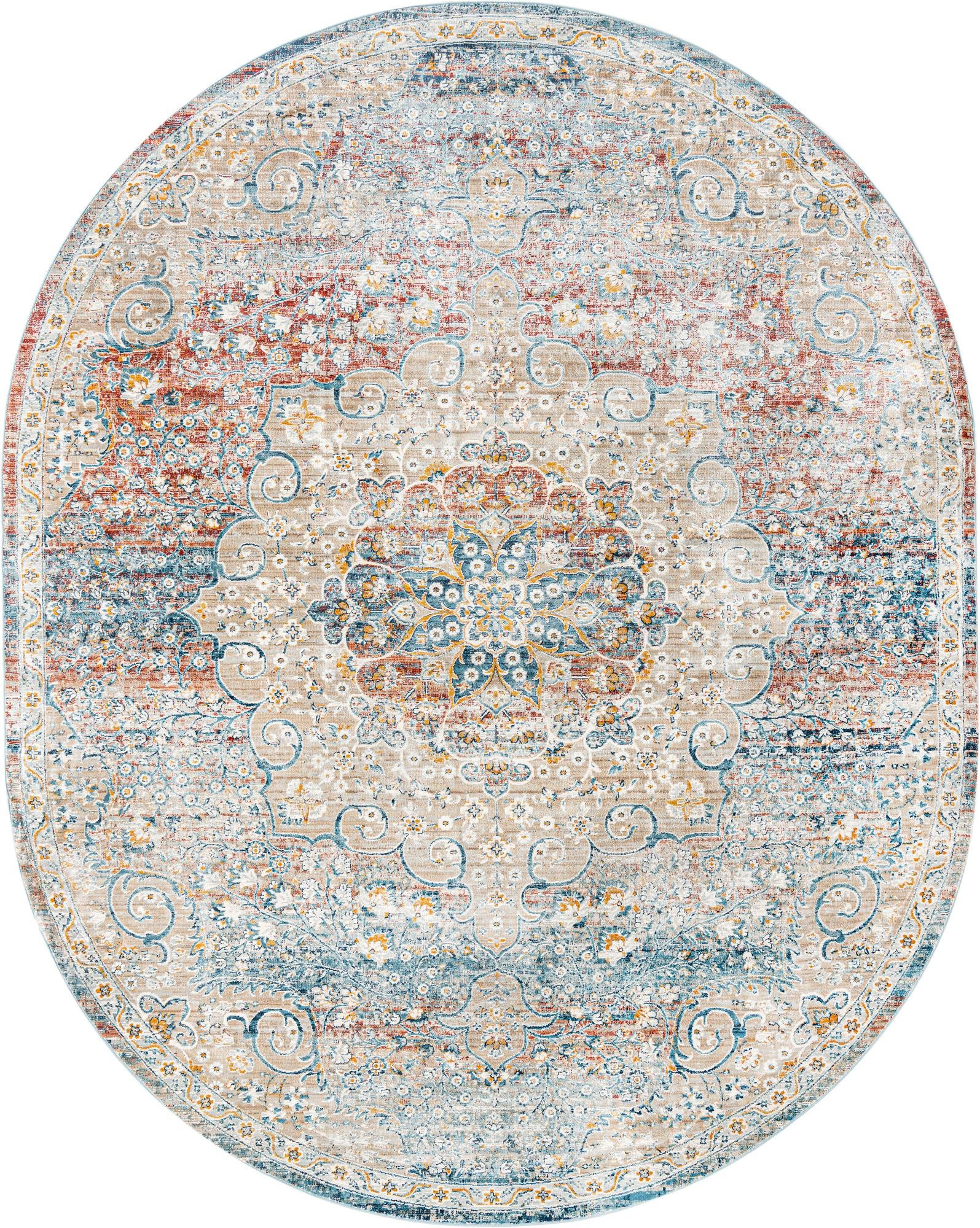 7' 10 x 10' 2 Stanford · Distressed medallion rug, blue and rust