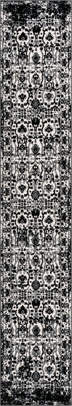 2' 2 x 12' Leacock · Distressed floral rug, black and white