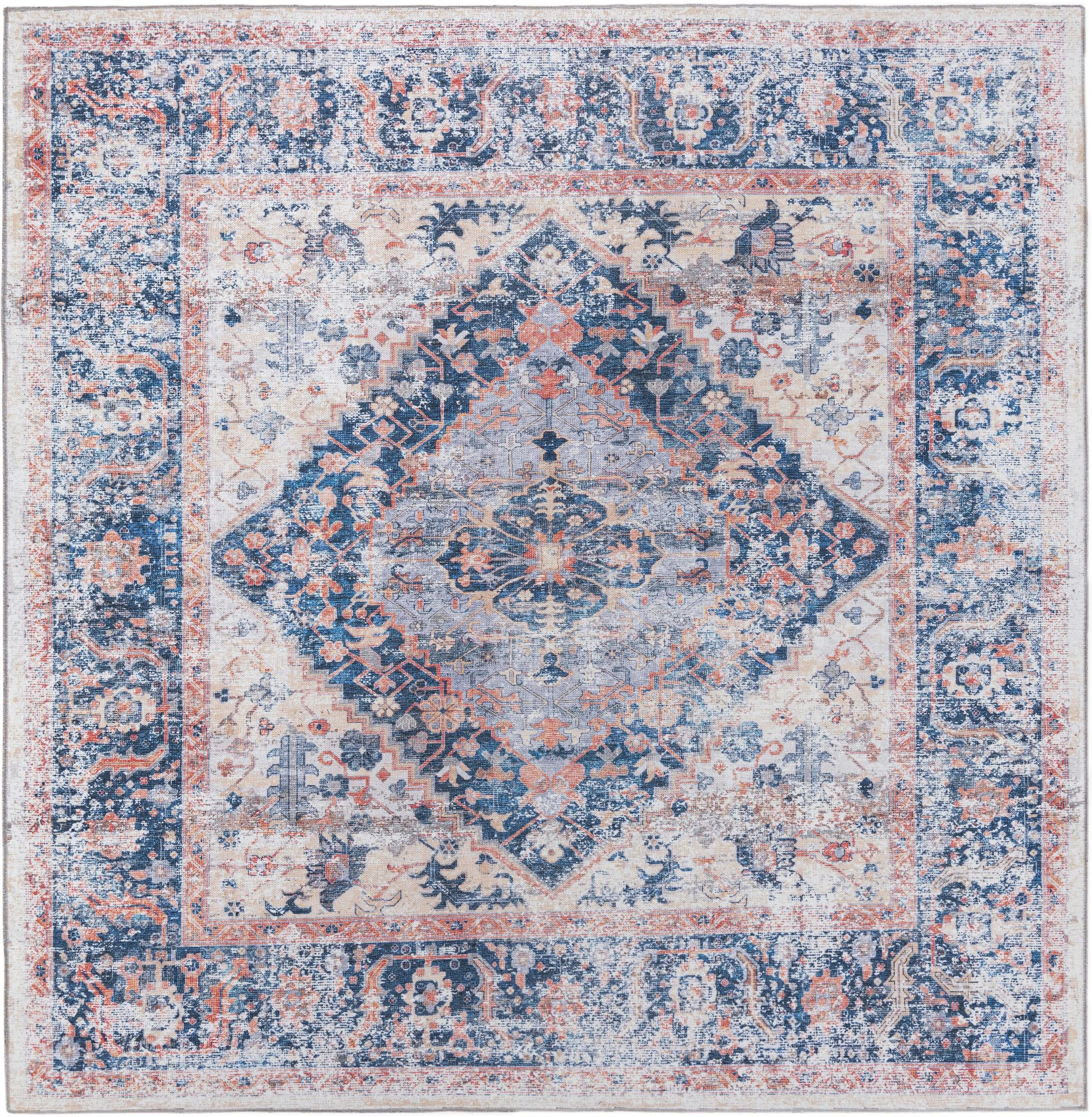 7' 10 x 7' 10 Trillium · Distressed medallion Washable Rug, navy and pink