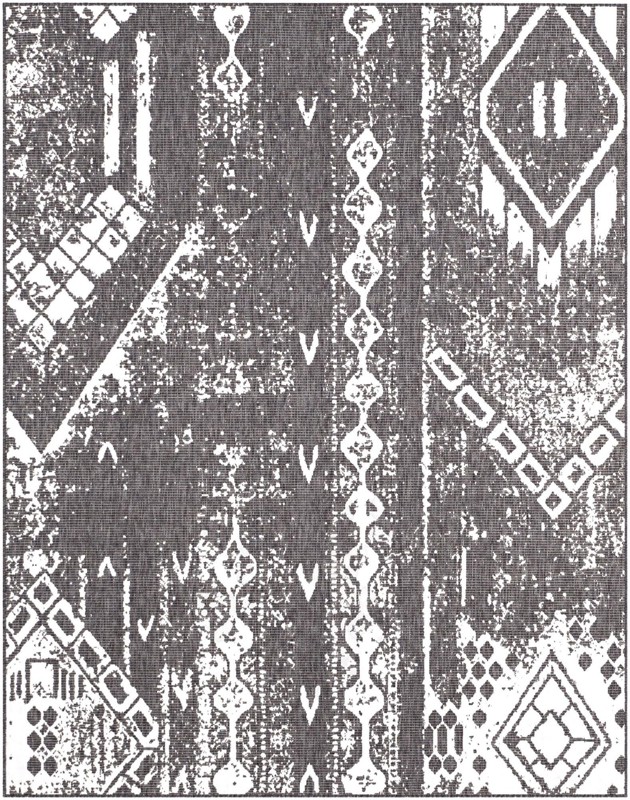7' 10 x 10' Wildman · Tribal geometric Outdoor Rug, charcoal and ivory