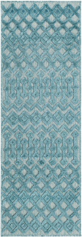 2' x 6' Creed · Geometric lattice Outdoor Rug, aqua blue