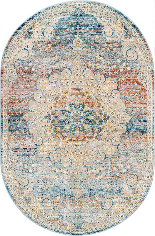 5' 3 x 8' Stanford · Distressed medallion rug, blue and rust