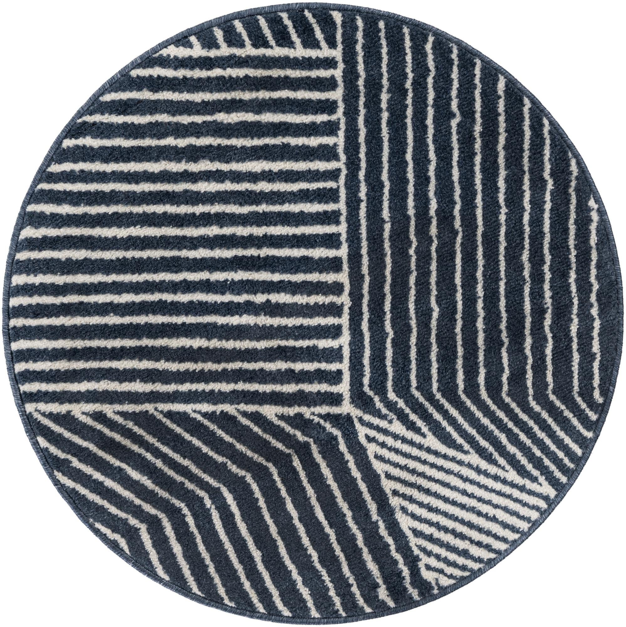 3' x 3' Shafter · Geometric striped rug, blue and ivory