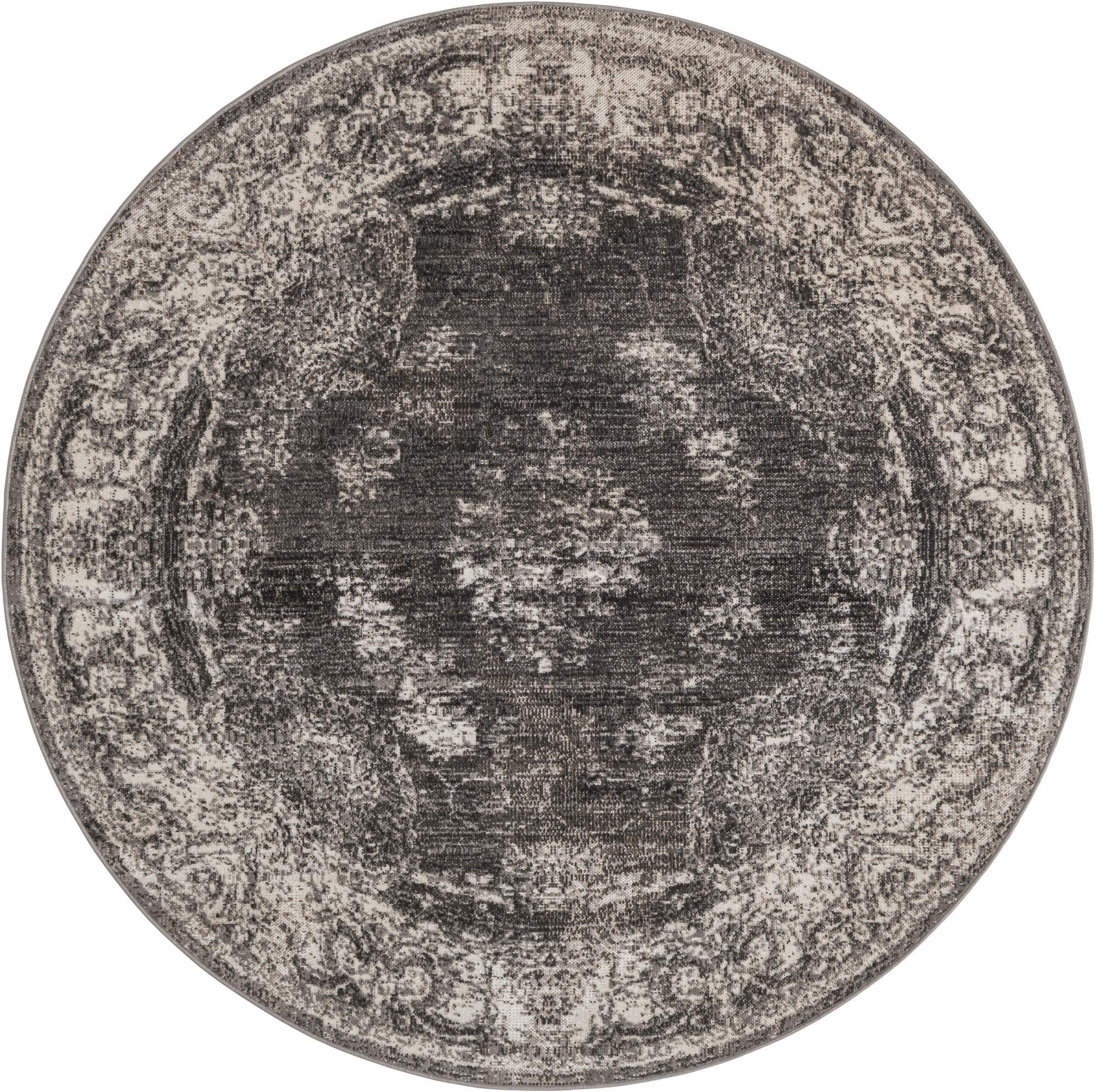 6' 1 x 6' 1 Stoner · Distressed medallion rug, charcoal and ivory