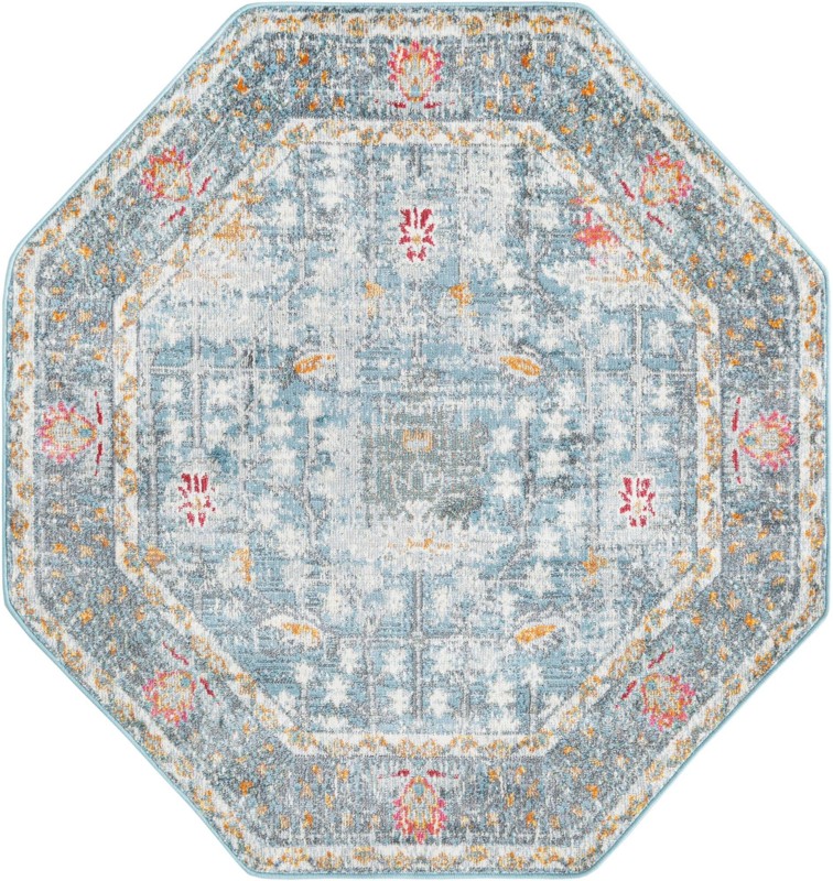 Calm · Distressed floral rug, blue and orange