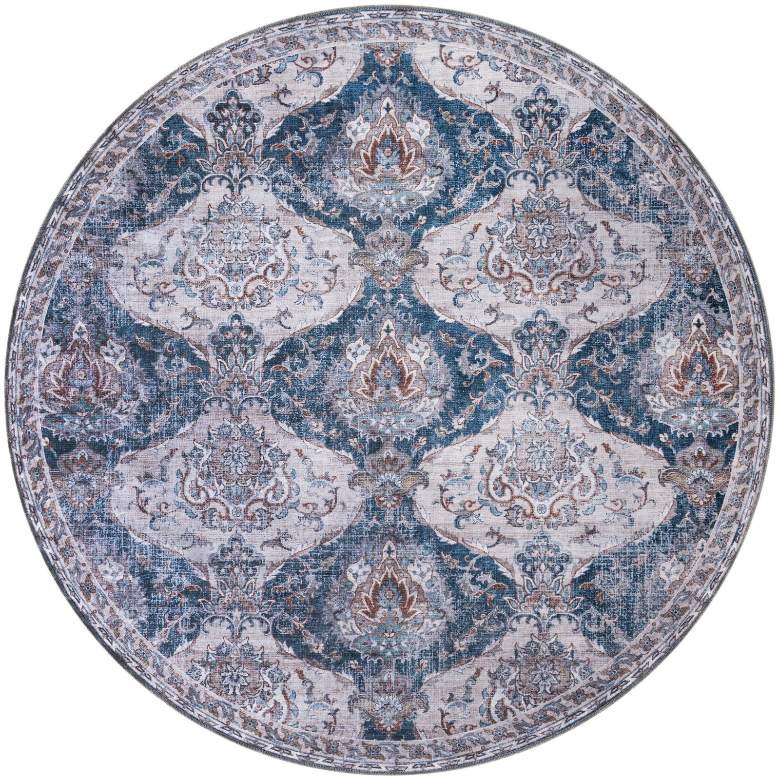 7' 10 x 7' 10 McCall · Damask rug, blue and ivory