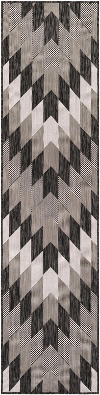 2' x 8' Morrell · Geometric chevron Outdoor Rug, charcoal and ivory