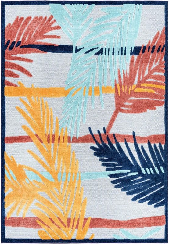 6' x 9' Elm · Tropical leaf Outdoor Rug, blue and orange