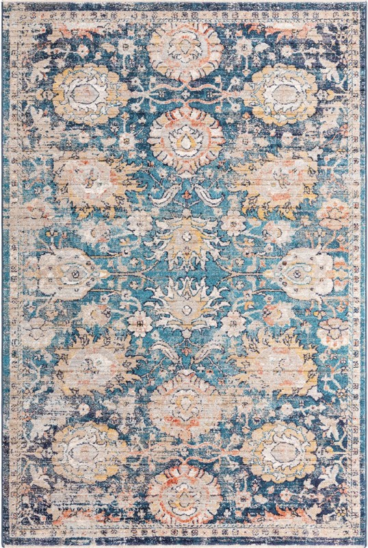 5' 3 x 8' Ansel · Distressed floral rug, blue and tan