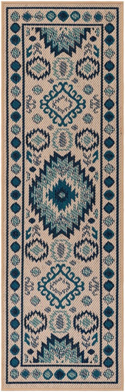 2' x 6' Whitfield · Geometric tribal Outdoor Rug, beige and blue