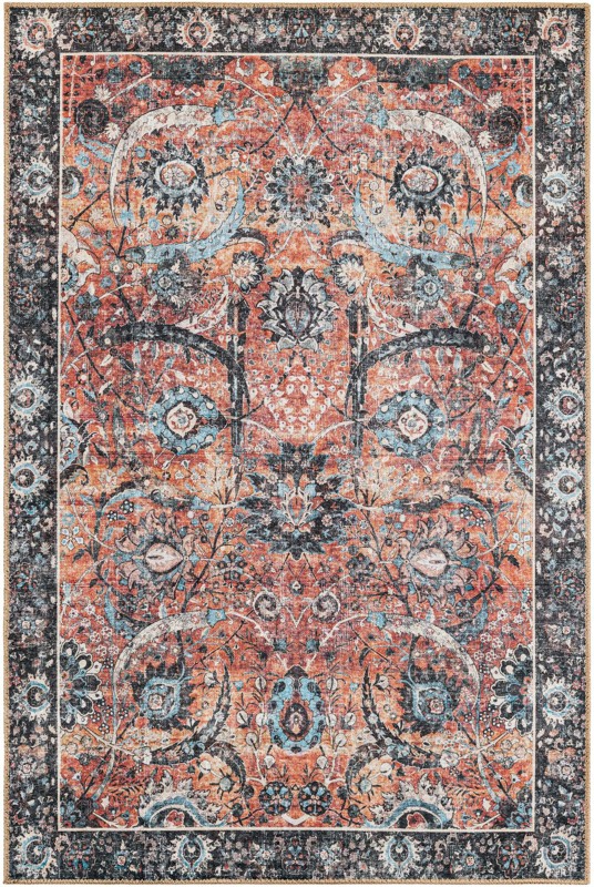 Starr · Vintage floral Washable Rug, rust and black